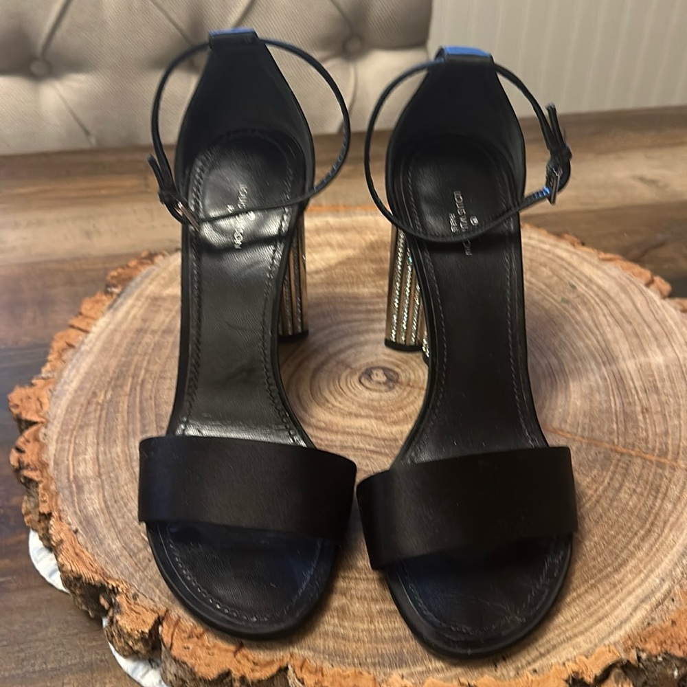 Black satin sandals with crystal studded heels